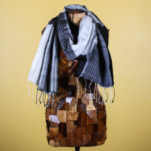 Checkered Black & White Handmade Silk Scarf with Fringe