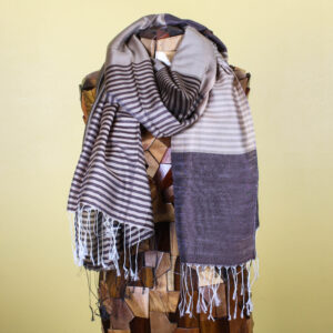 Checkered Striped Brown & Grey Handmade Silk Scarf with Fringe