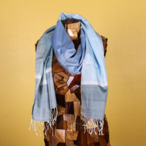 Striped Blue & White Handmade Silk Scarf with Fringe