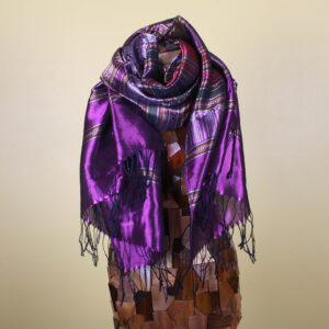 Violet Metallic Striped Silk Scarf with Fringe