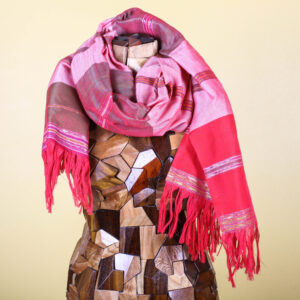 Pink Striped Metallic Silk Scarf with Fringe