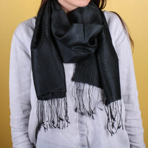 Basic Black Embroidered Silk Scarf with Fringe