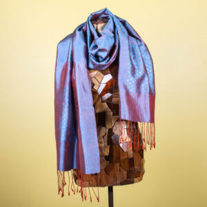 Shimmery Metallic Red & Blue Embroidered Silk Scarf with Fringe