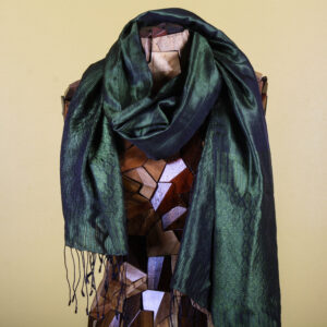 Forest Green Metallic Silk Handmade Scarf with Fringe