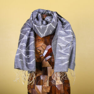 Ikat Grey & White Patterned Handmade Silk Scarf with Fringe