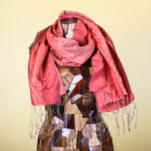 Metallic Red Patterned Handmade Silk Scarf with Fringe