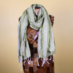 Boho Striped Light Green Handmade Silk Scarf with Fringe