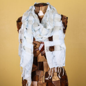 Boho Powder Blue Woven Checkered Handmade Silk Scarf with Fringe