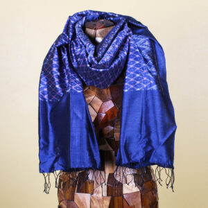 Metallic Blue Patterned Handmade Silk Scarf with Fringe