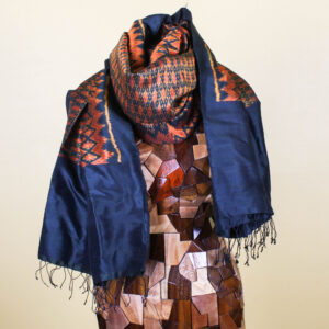 Navy Blue & Orange Patterned Handmade Silk Scarf with Fringe