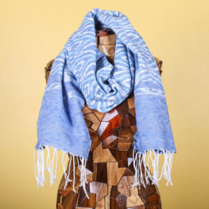 Ikat Powder Blue & White Patterned Handmade Silk Scarf with Fringe