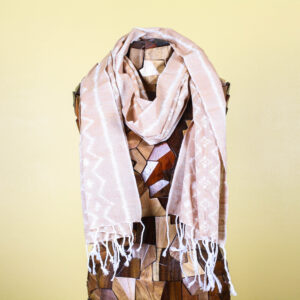 Ikat Peach Pink Patterned Handmade Silk Scarf with Fringe