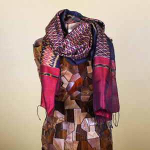 Fuschia & Gold Patterned Handmade Silk Scarf with Fringe