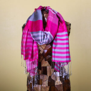 Pink & Grey Striped Checkered Handmade Silk Scarf with Fringe