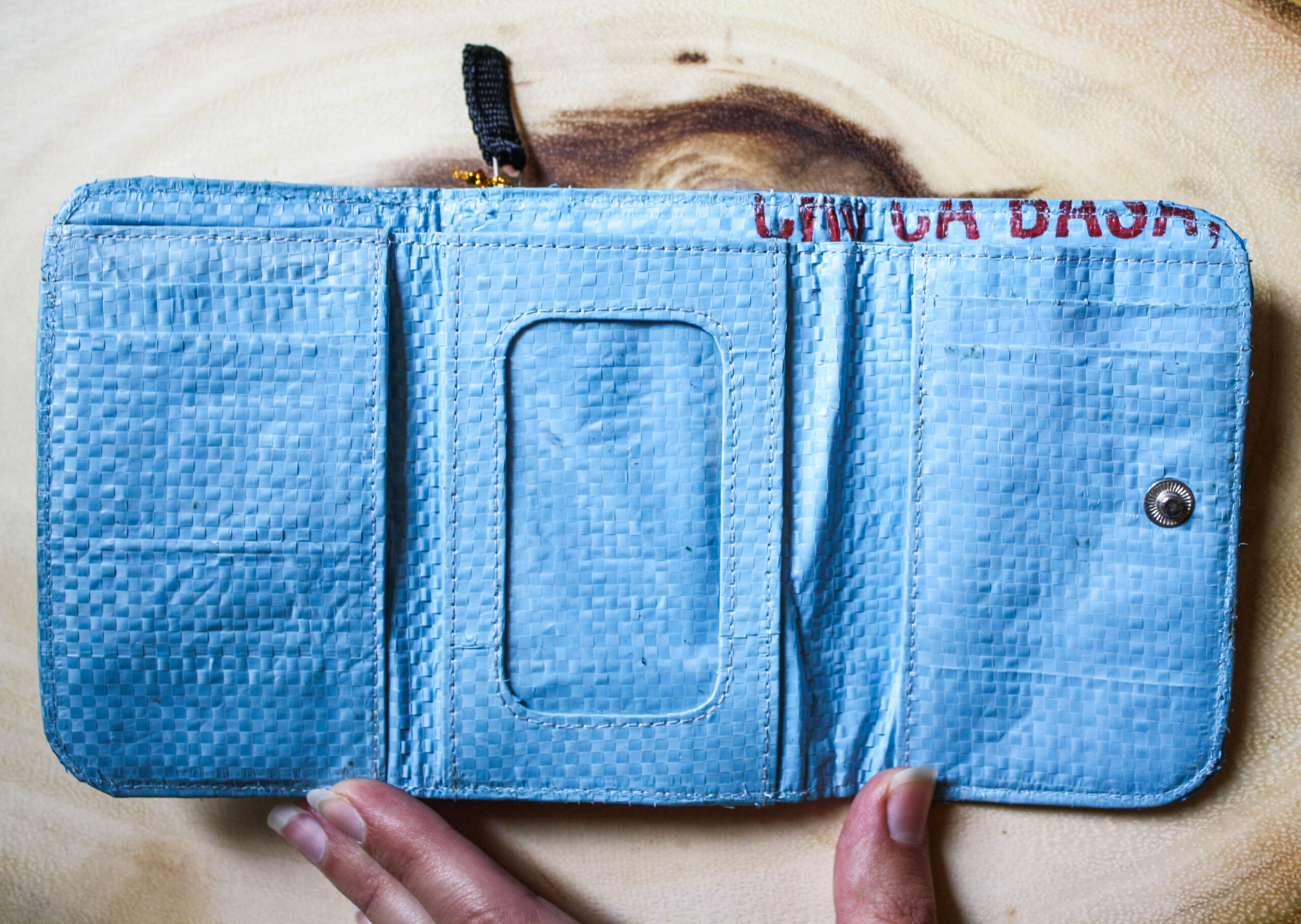 Recycled Blue Trifold Wallet / Handmade from Rice Bag - Image 3