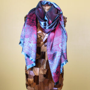Elephant Design Shimmery Blue Maroon Handmade Silk Scarf with Frayed Edges