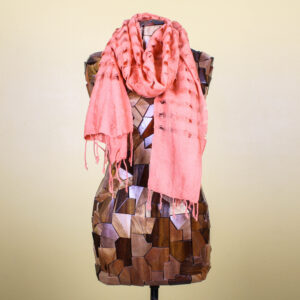 Peach Woven Checkered Handmade Silk Scarf with Fringe