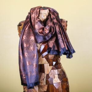 Metallic Gold Brown Elephant Print Handmade Silk Scarf with Frayed Edges