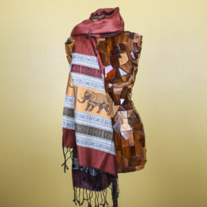 Elephant Print Striped Cashmere Scarf with Fringe