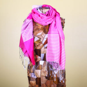 Pink Striped Silk Scarf with Fringe