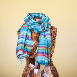 Teal Green Multicolored Striped Silk Scarf with Fringe