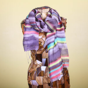 Purple Multicolored Striped Silk Scarf with Fringe