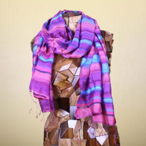Pink Purple & Blue Multicolored Striped Silk Scarf with Fringe