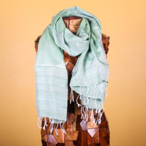 Two-Toned Light Green Striped Handmade Silk Scarf with Fringe