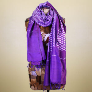 Purple Metallic Patterned Handmade Silk Scarf with Fringe