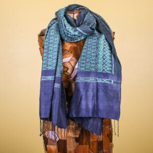 Green & Teal Patterned Handmade Silk Scarf with Fringe