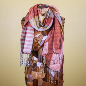 Golden Striped Handmade Silk Scarf with Fringe
