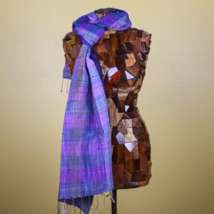 Checkered Purple & Blue Handmade Silk Scarf with Fringe