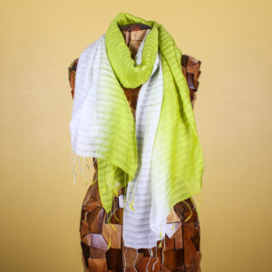 Lime Green & White Striped Handmade Silk Scarf with Fringe