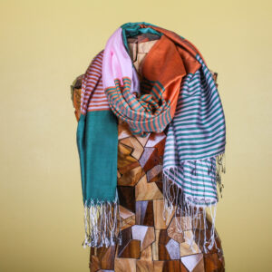 Color Block Striped Green & Brown Handmade Silk Scarf with Fringe