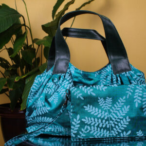 Floral Green Shimmery Silk Hobo Bag & Silk Wallet Set
