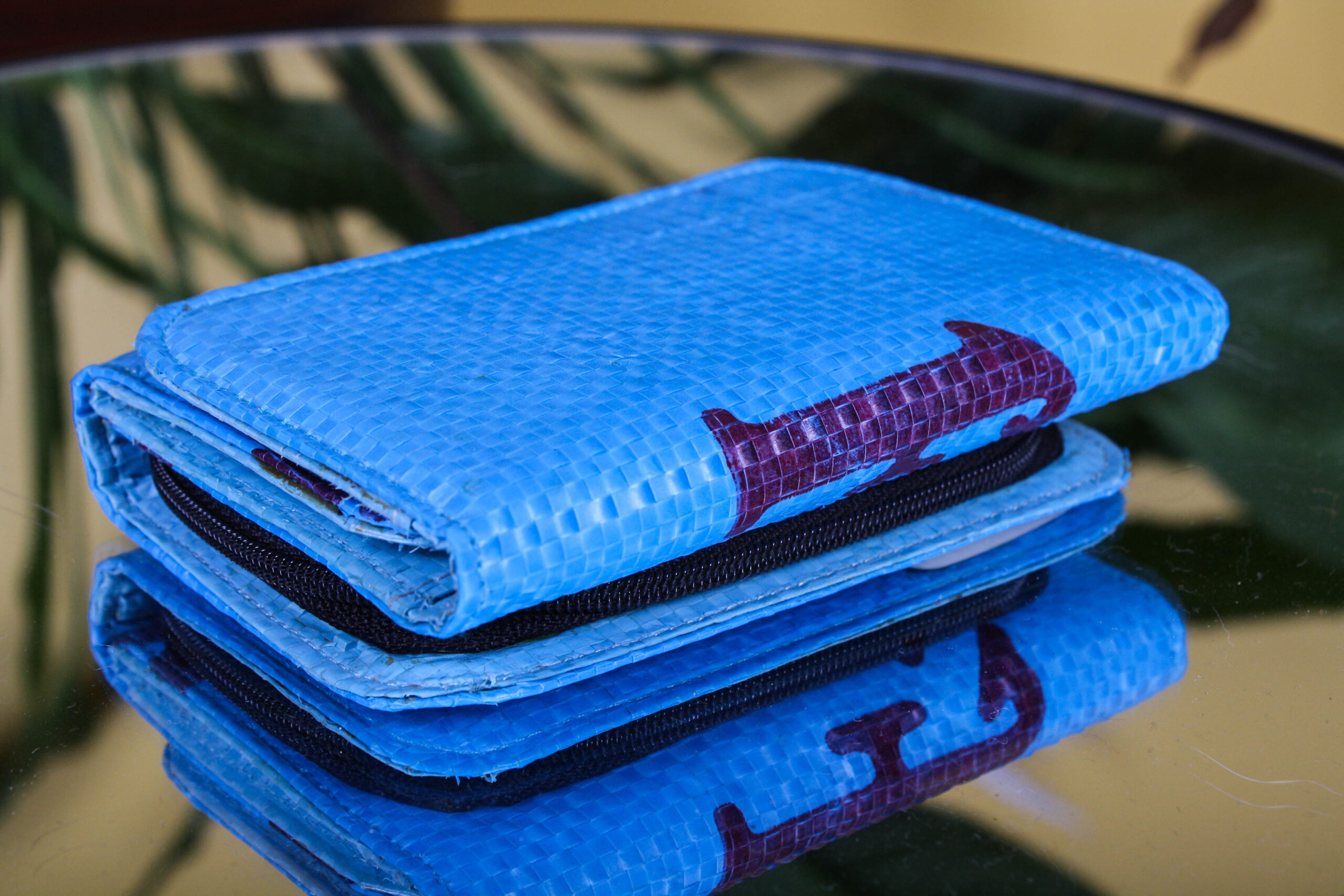 Recycled Blue Trifold Wallet / Handmade from Rice Bag - Image 7